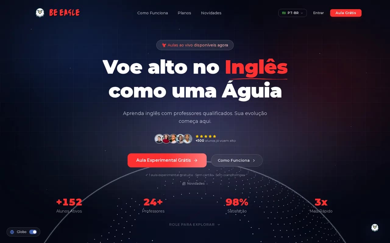 Home da Be Eagle: 'Voe alto no Inglês como uma Águia', com CTA de aula experimental e indicadores de alunos e professores.