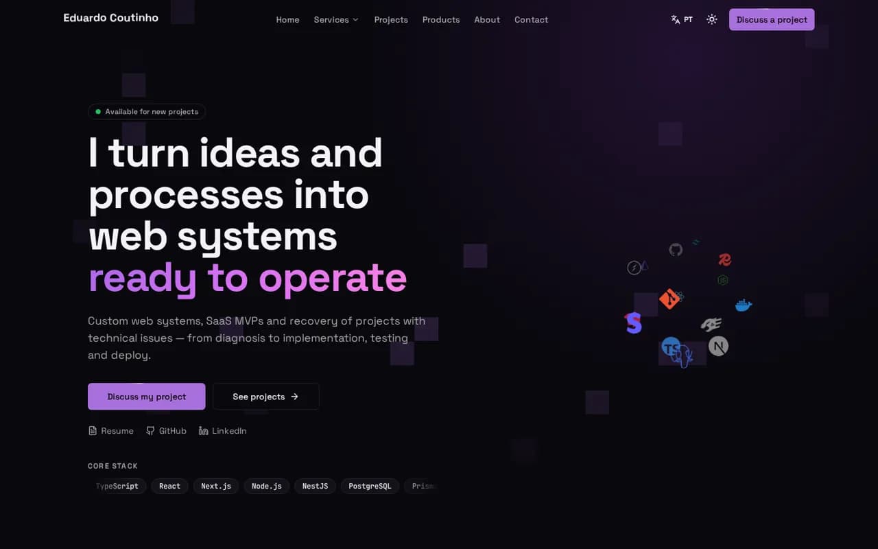 Home do portfólio de Eduardo Coutinho: 'I turn ideas and processes into web systems ready to operate'.